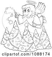 Poster, Art Print Of Outlined Christmas Angel Girl With A Wand Over Trees