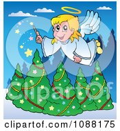 Poster, Art Print Of Christmas Angel Girl With A Magic Wand Over Trees
