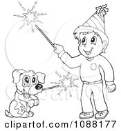 Poster, Art Print Of Outlined Boy And Dog With Fourt Of July Sparklers
