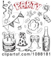 Poster, Art Print Of Black And White And Red Sketched Birthday Cakes And New Year Party Items