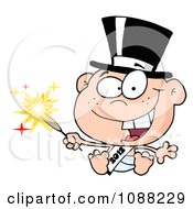 Clipart White New Year 2012 Baby Wearing A Top Hat And Holding A Sparkler Royalty Free Vector Illustration