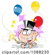 Poster, Art Print Of White New Year 2012 Baby With A Top Hat Sparkler And Party Balloons