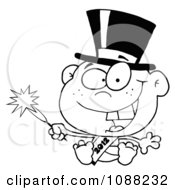 Clipart Black And White New Year 2012 Baby With A Top Hat And Sparkler Royalty Free Vector Illustration