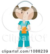Brunette Nurse In Scrubs Holding A Clipboard