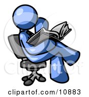 Poster, Art Print Of Blue Man Sitting Cross Legged In A Chair And Reading A Book