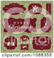 Poster, Art Print Of Red Christmas Labels Over Green Damask
