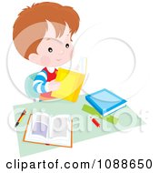 Poster, Art Print Of Studying School Boy With Books At A Desk