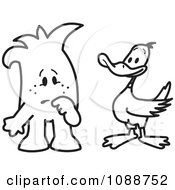 Clipart Squiggle Guy Looking Skeptically At A Duck Royalty Free Vector Illustration