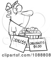 Clipart Outlined Unemployed Man Trying To Sell Oranges Royalty Free Vector Illustration by toonaday