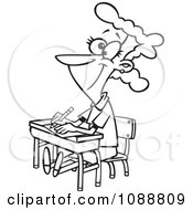 Clipart Outlined Life Long Female Student Sitting At Her Desk Royalty Free Vector Illustration