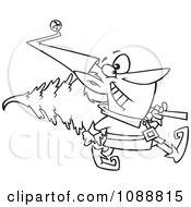 Clipart Outlined Christmas Elf Carrying A Tree Royalty Free Vector Illustration