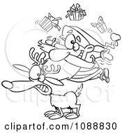 Poster, Art Print Of Outlined Christmas Santa Juggling Gifts On A Reindeer