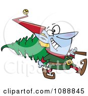 Clipart Christmas Elf Carrying A Tree Royalty Free Vector Illustration