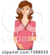 Poster, Art Print Of Beautiful Pregnant Woman In A Pink Shirt Holding Her Belly