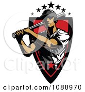Clipart Baseball Player Athlete Swinging A Bat Over A Red Badge Royalty Free Vector Illustration