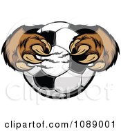 Poster, Art Print Of Brown Bear Mascot Clawing A Soccer Ball