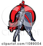 Poster, Art Print Of Knight Standing With A Shield And Sword Over A Red Circle