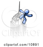 Blue Man Climbing To The Top Of A Skyscraper Tower Like King Kong Success Achievement Clipart Illustration
