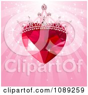 Poster, Art Print Of Ruby Heart Gem With A Crown Over Pink Magic Rays