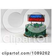 Poster, Art Print Of 3d Circuit Board Birthday Cake With Copyspace And A Neon Sign