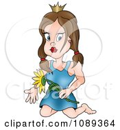 Clipart Kneeling Princess Holding A Sunflower Royalty Free Vector Illustration