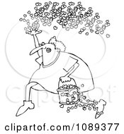 Clipart Outlined Cupid Running With A Bucket Of Hearts And Tossing Them In The Air Royalty Free Vector Illustration