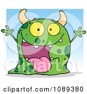 Clipart Excited Green Spotted Monster Over A Blue Square Royalty Free Vector Illustration