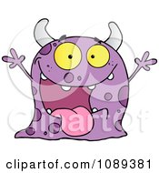 Clipart Excited Purple Speckled Monster Holding Up Its Arms Royalty Free Vector Illustration by Hit Toon