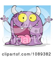 Poster, Art Print Of Excited Purple Spotted Monster Over A Blue Square