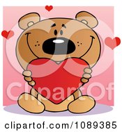 Clipart Teddy Bear Holding A Valentine Heart Over A Pink Square Royalty Free Vector Illustration
