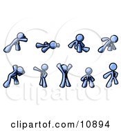 Blue Man Doing Different Exercises And Stretches In A Fitness Gym Clipart Illustration