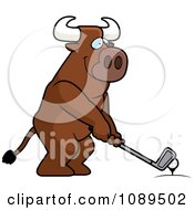 Poster, Art Print Of Golfing Bull Holding The Club Against The Ball On The Tee