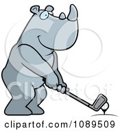 Clipart Golfing Rhino Holding The Club Against The Ball On The Tee Royalty Free Vector Illustration by Cory Thoman