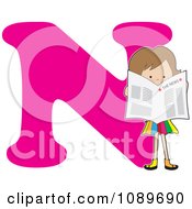Poster, Art Print Of Alphabet Girl Reading The News Over Letter N