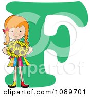 Alphabet Girl Holding Sunflowers Over Letter F