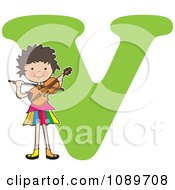 Poster, Art Print Of Alphabet Girl Playing A Violin Over Letter V