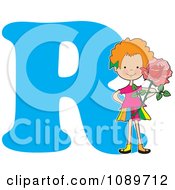 Poster, Art Print Of Alphabet Girl Holding A Rose Over Letter R