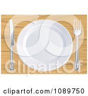 3d White Plate With Silverware On A Wooden Table