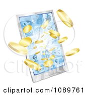 Clipart 3d Gold Coins Bursting From A Silver Smart Phone Royalty Free Vector Illustration