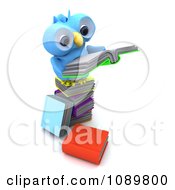 Poster, Art Print Of 3d Blue Bird Or Owl Reading On A Stack Of Books
