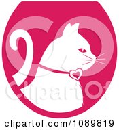 Poster, Art Print Of White Profiled Cat Over A Pink Oval Logo