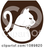 Poster, Art Print Of White Profiled Cat Over A Brown Oval Logo