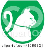 Poster, Art Print Of White Profiled Cat Over A Green Oval Logo