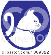 Poster, Art Print Of White Profiled Cat Over A Blue Oval Logo