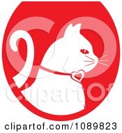 Poster, Art Print Of White Profiled Cat Over A Red Oval Logo