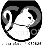 Poster, Art Print Of White Profiled Cat Over A Black Oval Logo