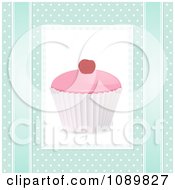 Poster, Art Print Of 3d Pink Cupcake With A Cherry Over Blue Polka Dots And Ribbons