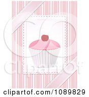 Poster, Art Print Of 3d Pink Cupcake With A Cherry Over Pink Stripes And Ribbons