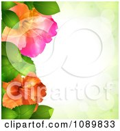 Poster, Art Print Of 3d Hibiscus Flowers And Leaves Border Over Green With Flares