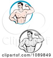 Clipart Grayscale And Colored Male Bodybuilders Flexing Royalty Free Vector Illustration